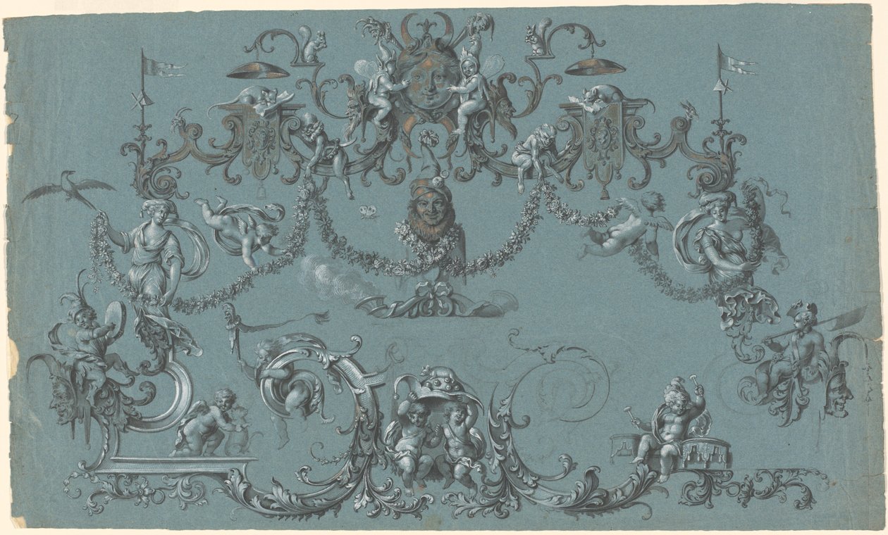 Arabesques avec putti, animaux et bouffons en train de gambader - South German 18th Century