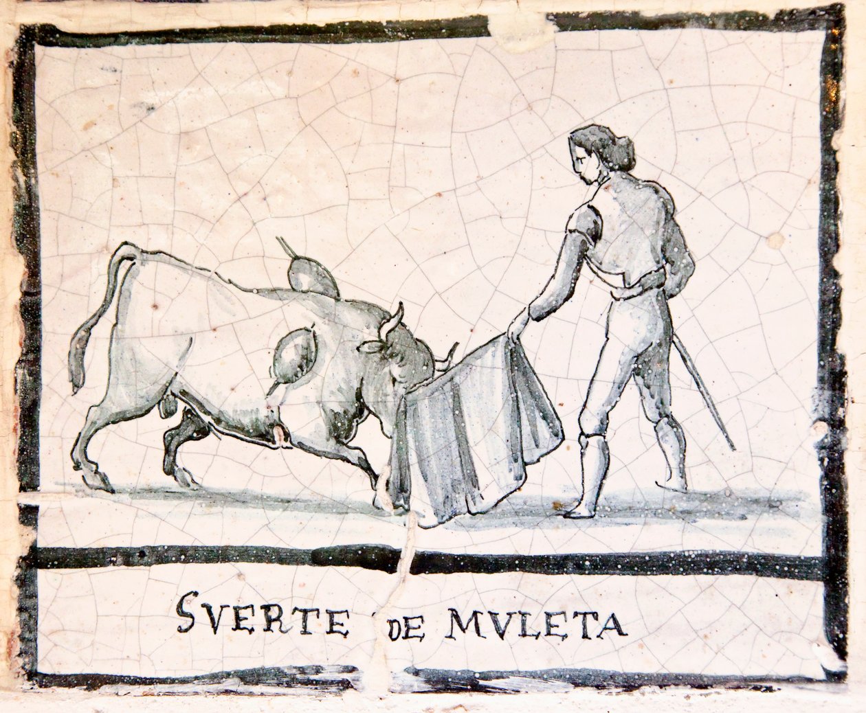 Scène de corrida sur une tuile antique - La Muleta - Spanish School