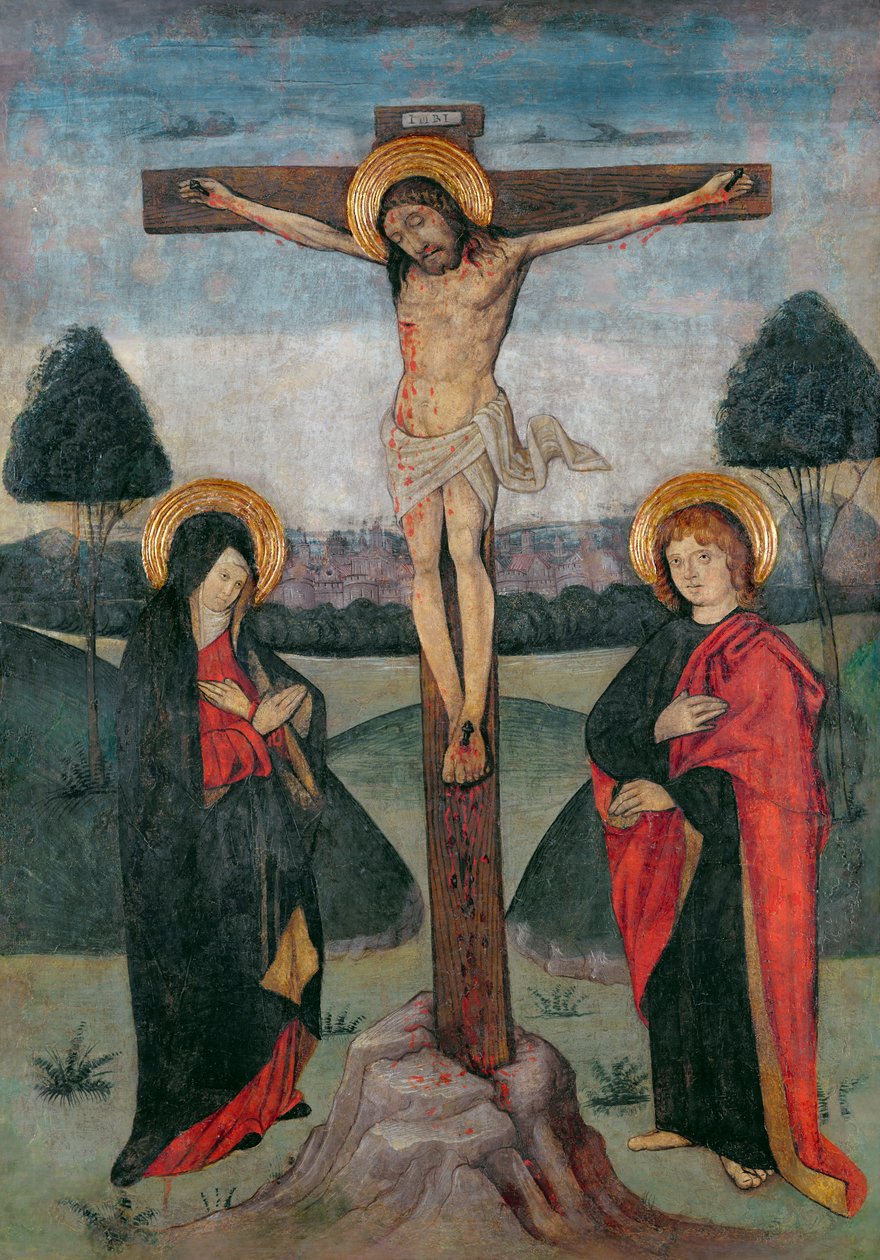 Le Christ en croix entre la Vierge et Saint Jean (tempera sur panneau) - Spanish School
