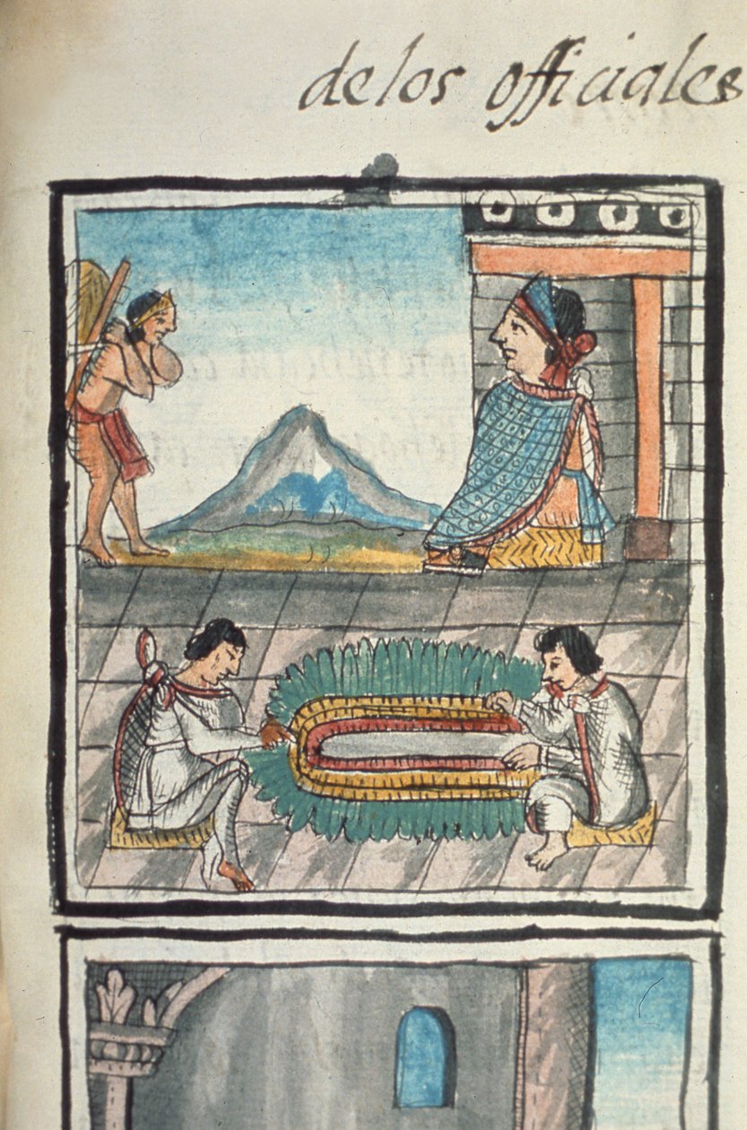 Ms Palat. 218-220 Livre IX Artisans du palais de la règle aztèque fabriquant des coiffes en plumes, d