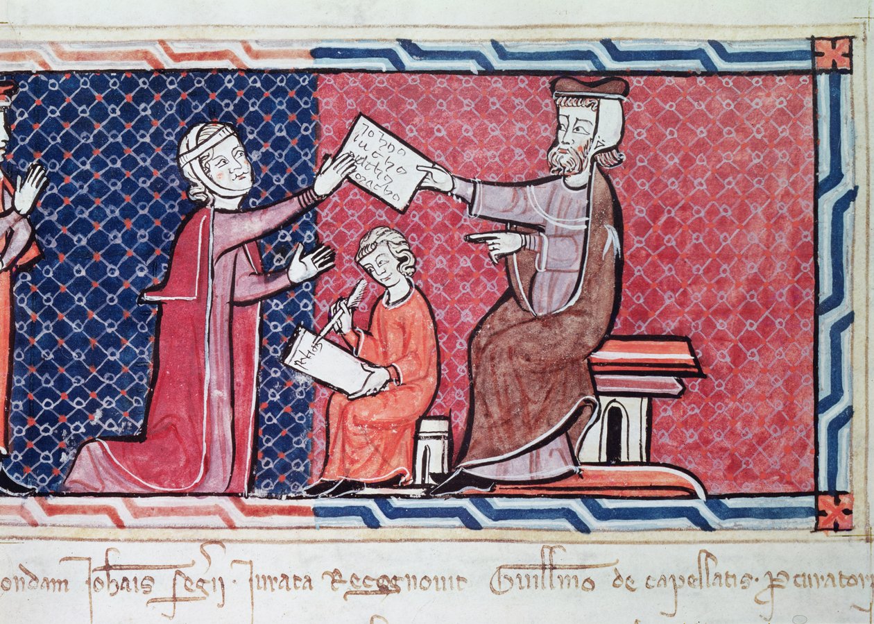Une Femme prêtant serment devant le Roi Jacques Ier (1207-76) de Majorque, détail du magistrat, de la femme et du scribe, du Capbreu de Clayra et de Millas, 1292 - Spanish School