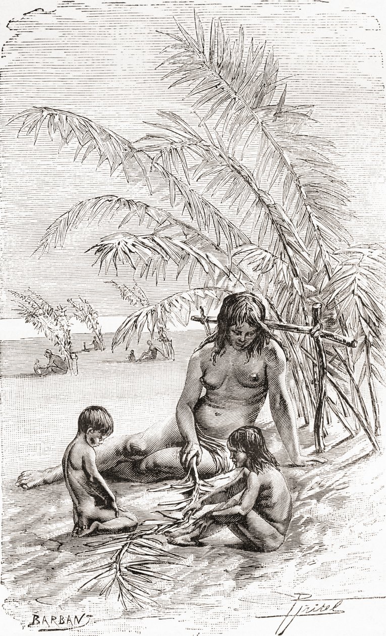 Une famille de natifs Sápara sur un banc de sable au bord de la rivière Napo, Équateur - Spanish School