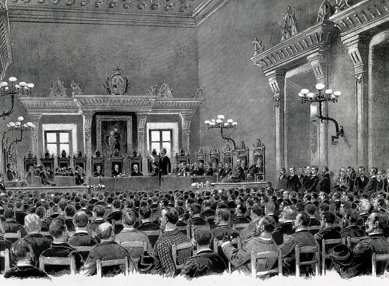 Une réunion de nationalistes catalans réunis à la mairie de Manresa, pour la rédaction des 16 bases servant à la constitution régionale catalane en 1892. Dessin de Jaume Pahissa - Spanish School