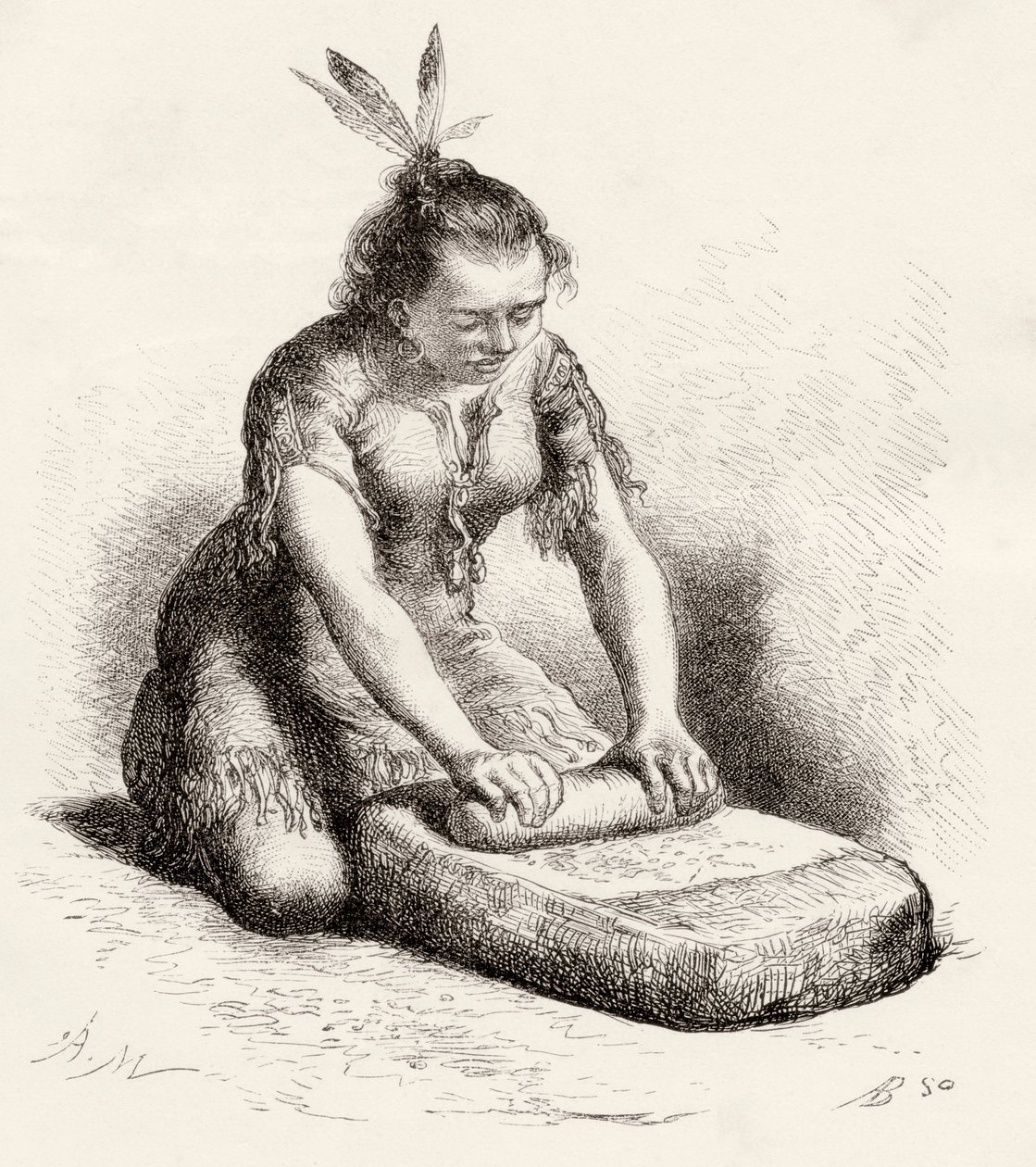 Une femme indigène de Guyane écrasant du grain - Spanish School