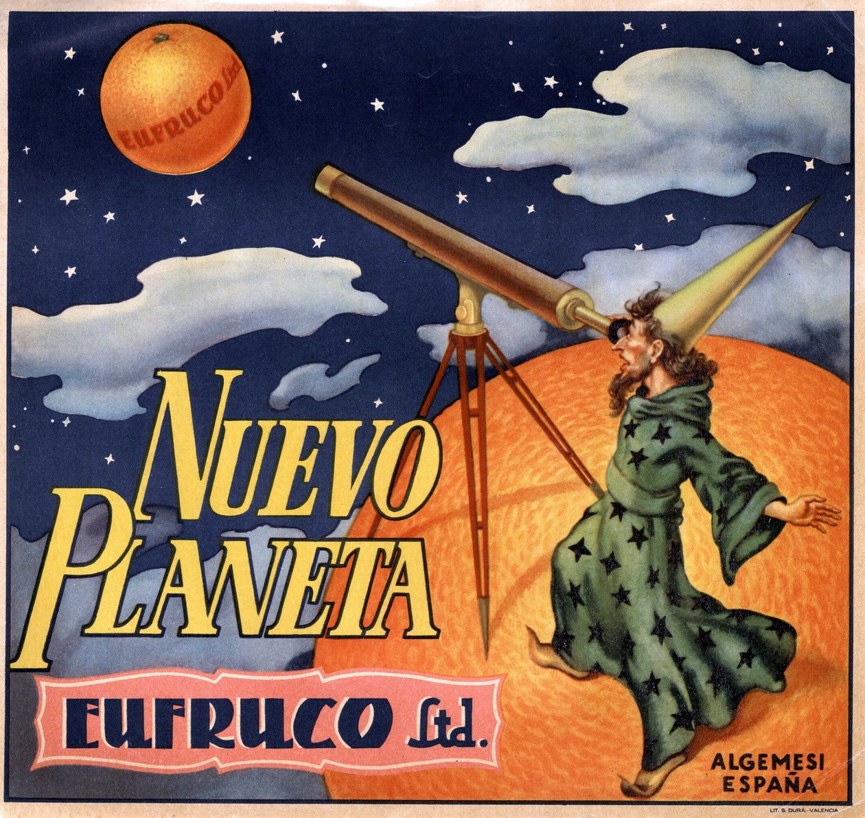 Publicité avec un magicien observant la nouvelle planète Orange. Affiche publicitaire, Valence - Spanish School