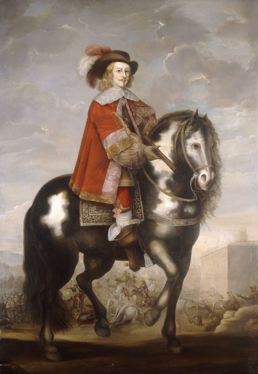 Portrait équestre du cardinal-infant Ferdinand de Bourbon, gouverneur des Pays-Bas espagnols, en pied, en manteau rouge et chapeau à plumes, une bataille au-delà - Spanish School