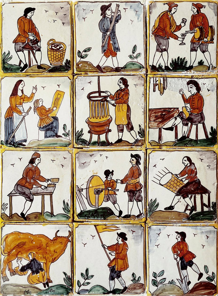 Métiers artisanaux : cordonnier, tonnelier, fabricant de paniers en osier, vigneron, dessinateur, musicien, traite des vaches, rémouleur, fermier, ébéniste. Carreaux de céramique catalane (Espagne) - Spanish School