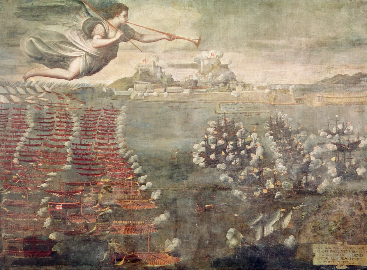 Bataille de Lépante. Navires victorieux entrant dans le port de Messine - Spanish School
