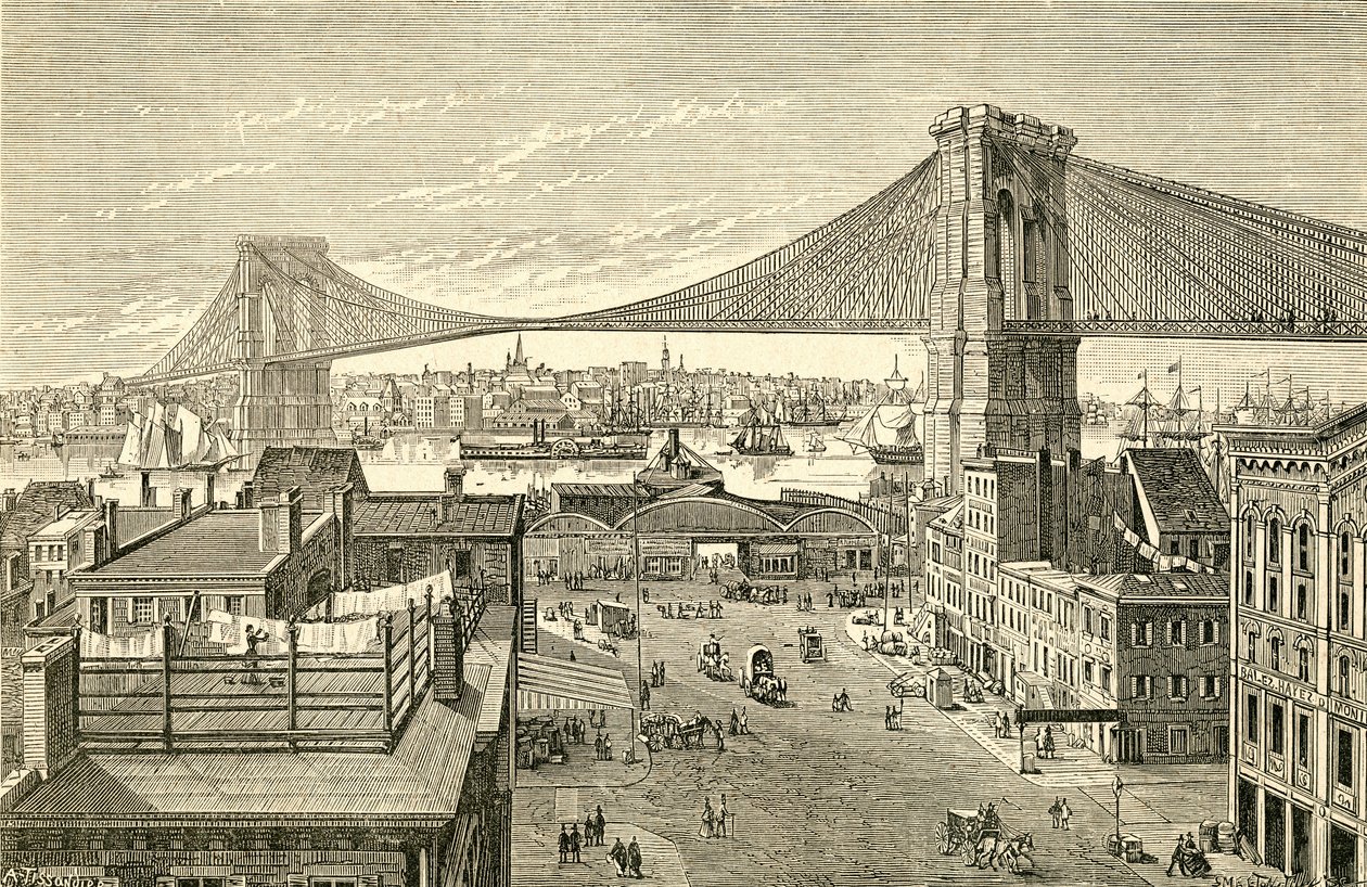 Pont de Brooklyn, New York, États-Unis au XIXe siècle. De El Museo Popular publié à Madrid - Spanish School