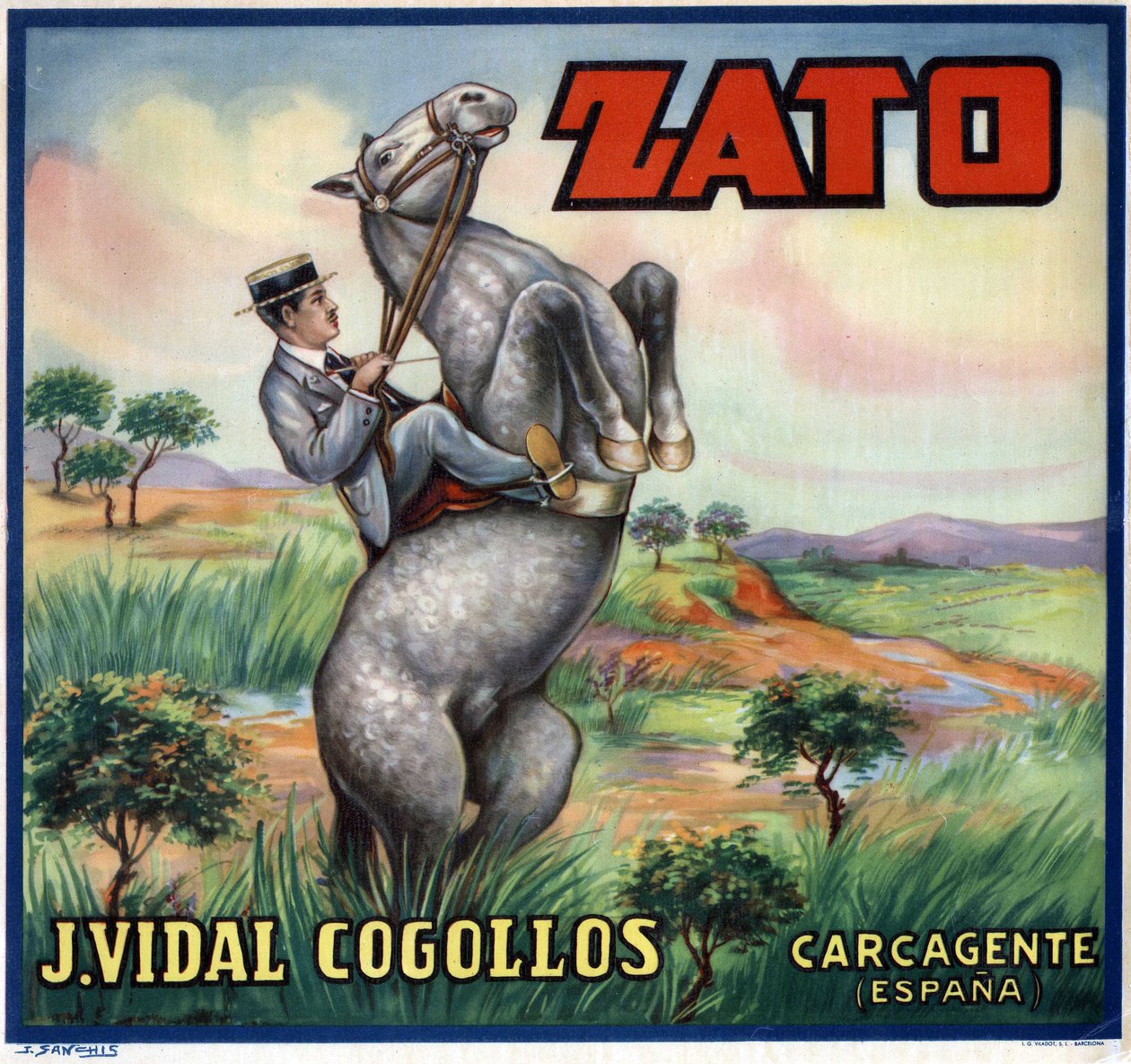 Cavalier sur un cheval cabré. Affiche publicitaire espagnole, Valence - Spanish School