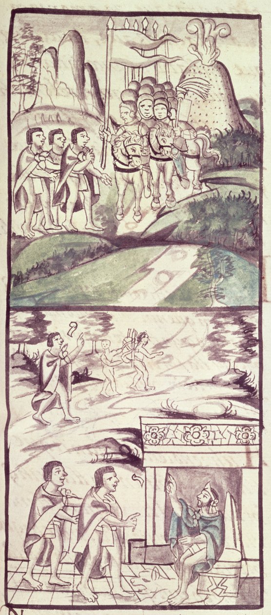 Codex de la conquête du Mexique : les émissaires de Montezuma, ou Moctezuma II empereur aztèque rencontrant les Espagnols - Spanish School