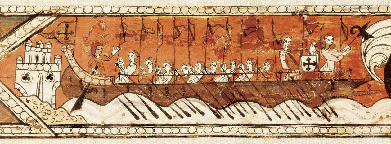Panneau de plafond à caissons avec chevaliers, galères et un bateau à haut bastingage (détail) - Spanish School