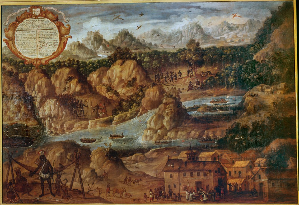 Conquête des pays indiens du Paraguay, montrant le paysage, les rivières et une nouvelle église espagnole ... - Spanish School