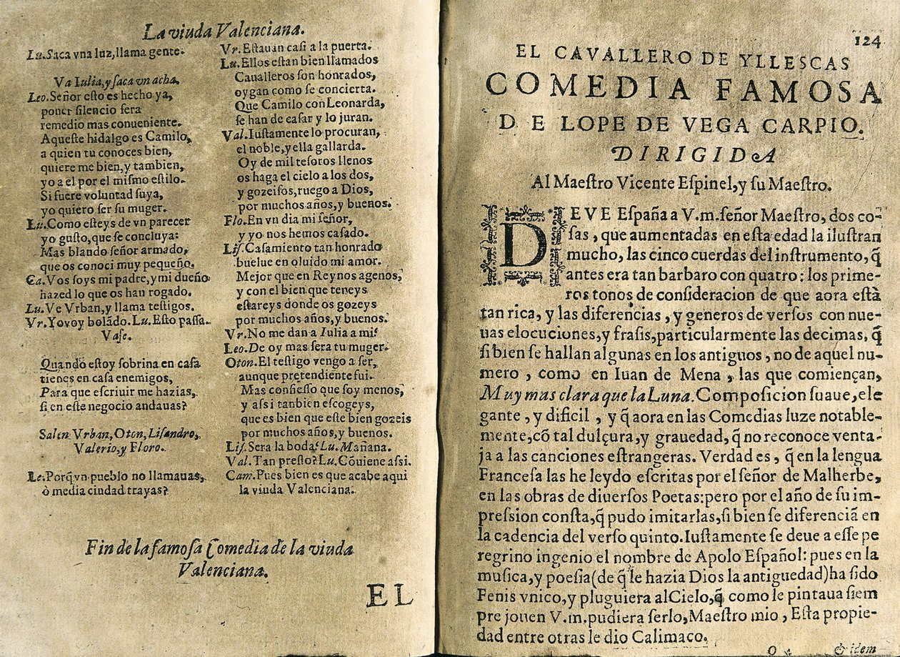 ESPINEL, Vicente (1550-1624). Musicien espagnol et poète classique.; VEGA CARPIO, Félix Lope de (1562-1635). « El cavallero de Yllescas », comédie incluse dans « Parte catorze de las comedias de Lope de Vega », compilation publiée à Madrid par la veuve de  - Spanish School