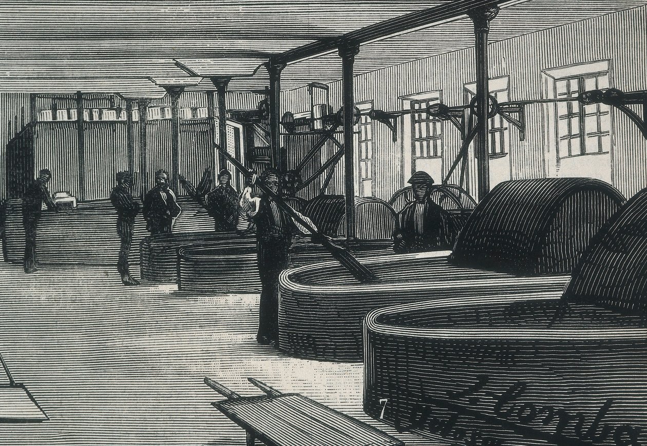 Économie (19ème siècle). Usine de papier en Espagne La Guipuzcoana. Salle des cylindres et blanchisseuse de l