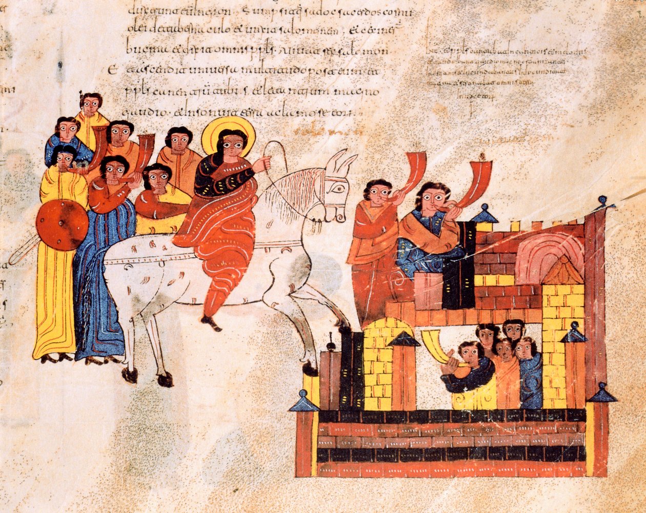 Entrée du roi David à Jérusalem au son des trompettes, de la Bible wisigothique-mozarabe de Saint Isidore, fol.135r., A.D. 960 - Spanish School