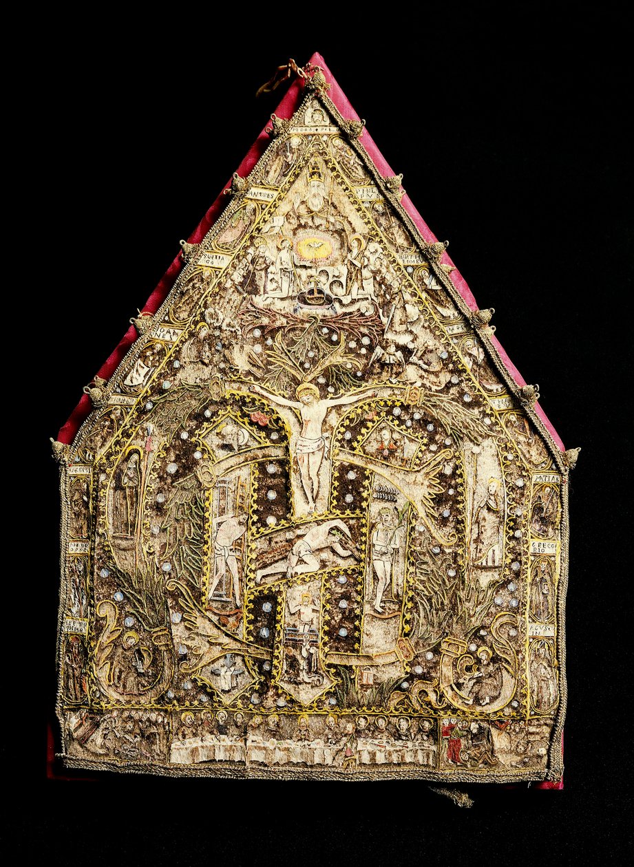 Évêque mitré en or décoré de mosaïques de plumes réalisées par des missionnaires espagnols au Mexique. XVIe siècle - Spanish School