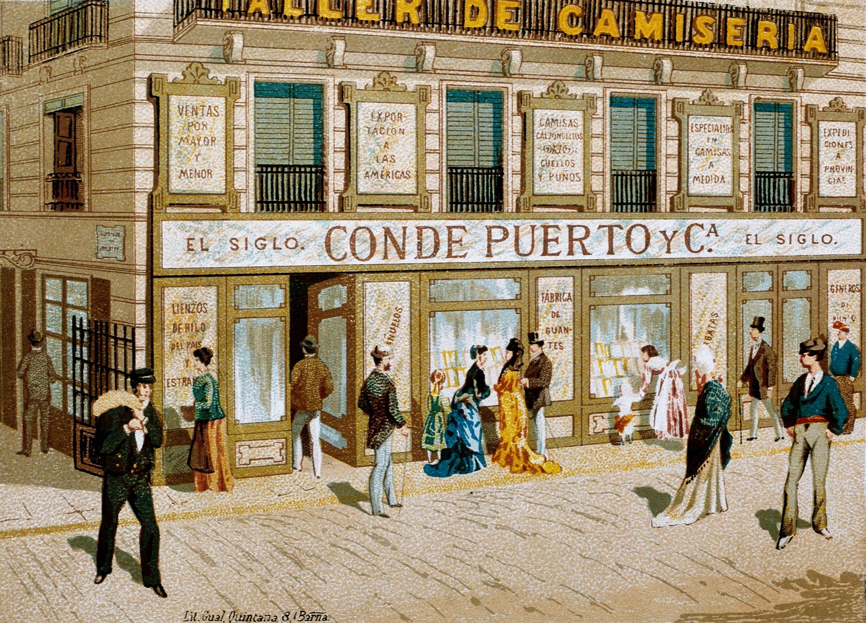 Mode : affiche publicitaire pour la boutique de tissus "Conde Puerto", Barcelone. 19e siècle - Spanish School
