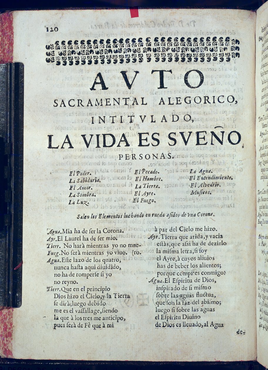 Première page de La Vida es Sueño de Los Autos Sacramentales par Pedro Calderon de la Barca, édité par Juan Garcia Infanzon, 1690 - Spanish School