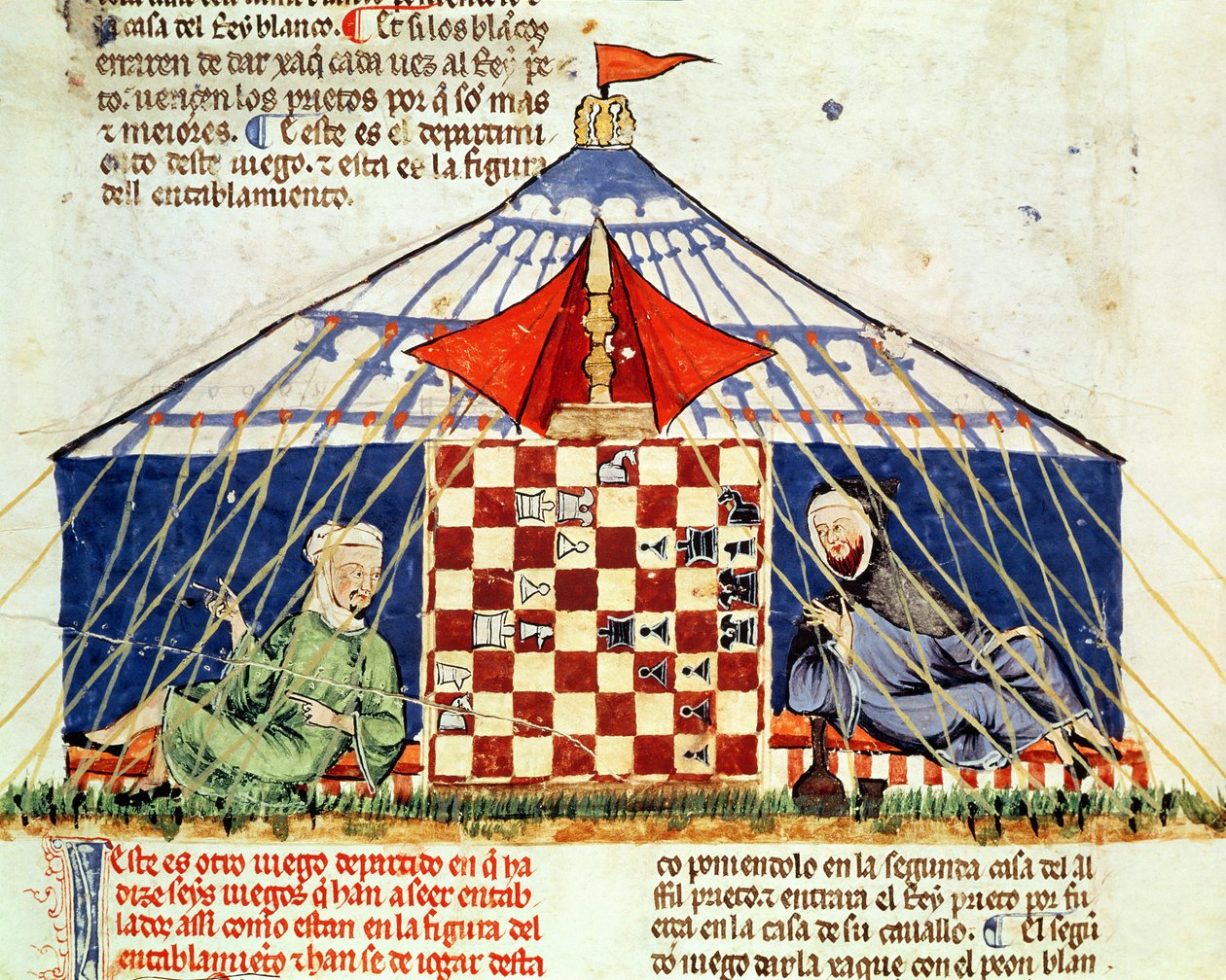 Deux arabes jouant aux échecs dans une tente, du Livre des Jeux, Échecs, Dés et Plateaux, 1282 - Spanish School