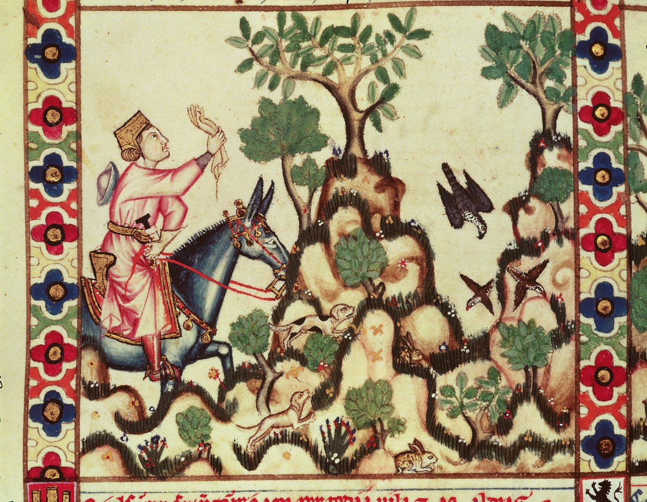 Fol.64r La chasse au faucon, du manuscrit réalisé sous la direction d