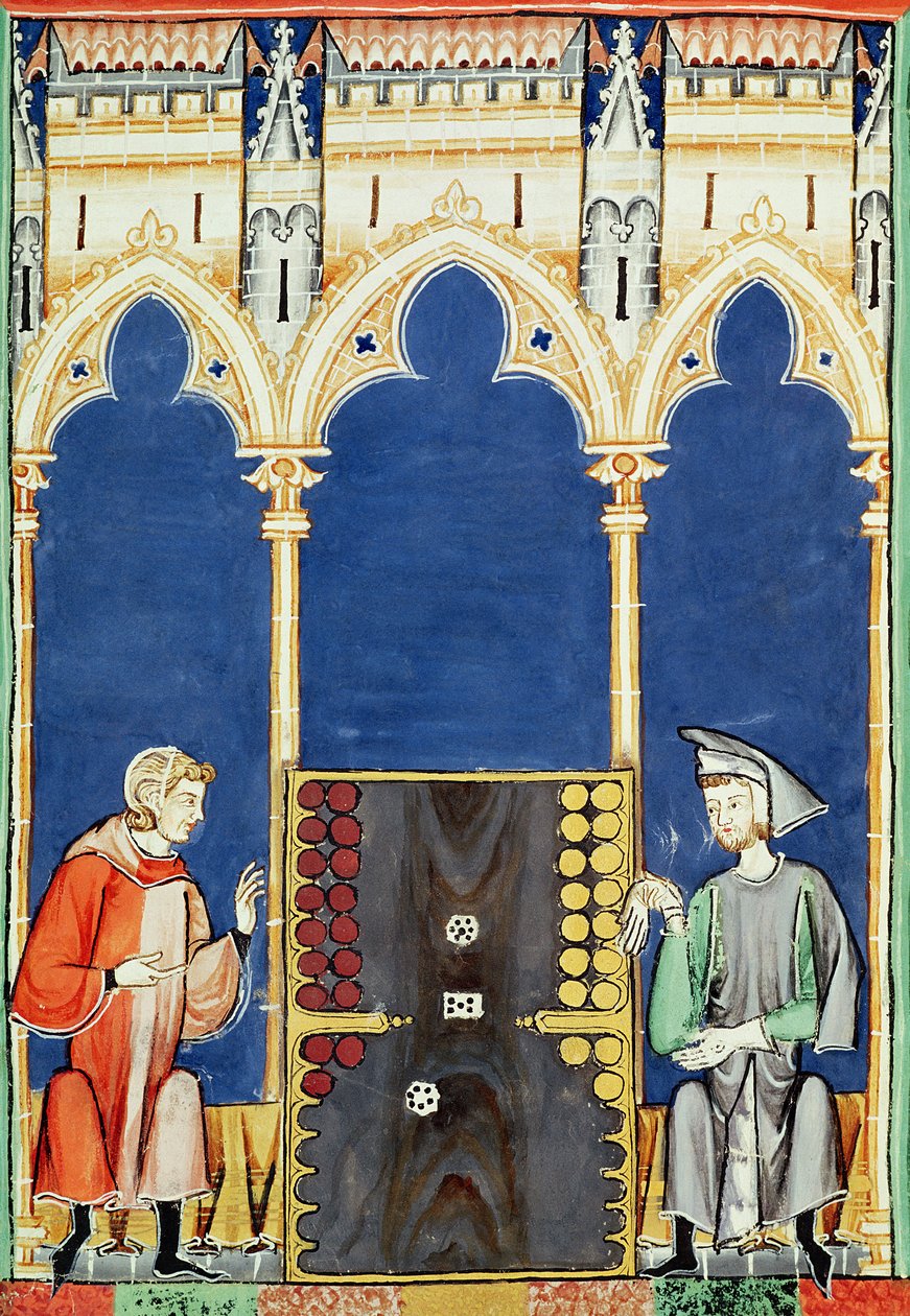 Fol.85v Deux joueurs de backgammon, du Livre des Jeux, Échecs, Dés et Plateaux, 1282 - Spanish School