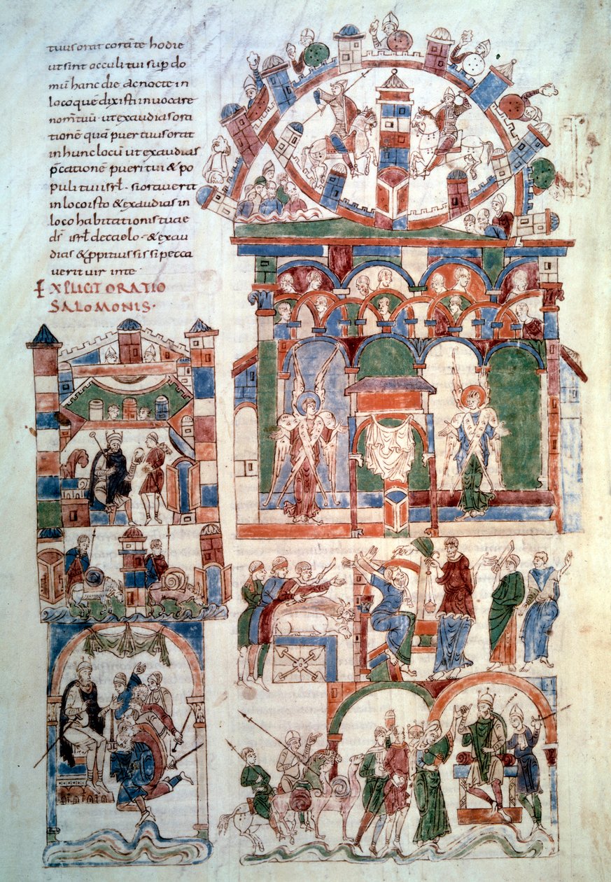 Histoire de Salomon : le roi Salomon recevant le tribut. Page (fol. 129 v;) tirée de la Bible de Roda (man. lat. 6) réalisée en Espagne au XIe siècle. Paris, B.N. - Spanish School