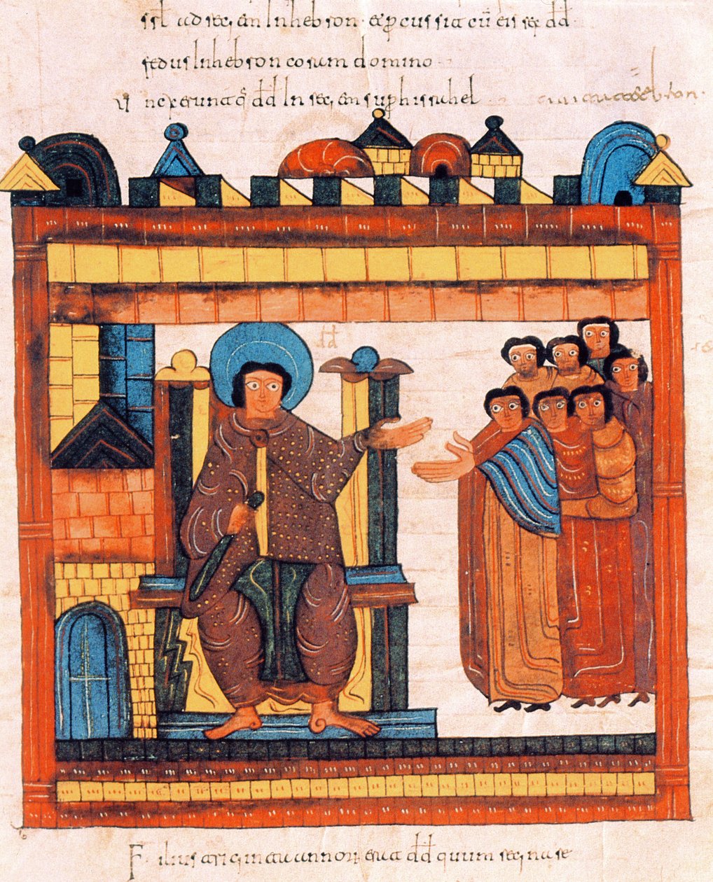Le roi David assis sur son trône et entouré de sa cour, de la Bible wisigothique-mozarabe de Saint Isidore, fol.126r., A.D. 960 - Spanish School