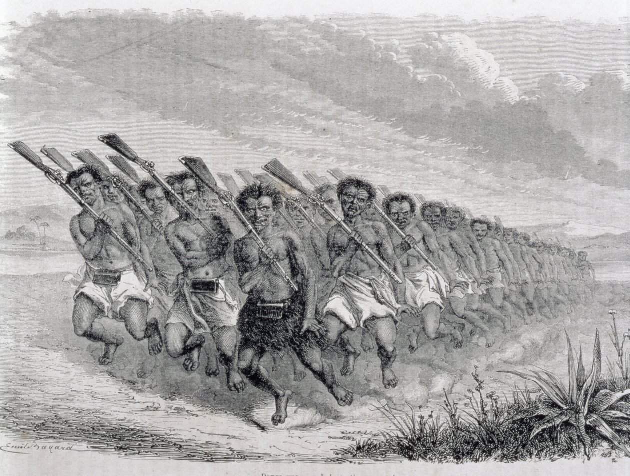 Guerriers maoris exécutant une danse de guerre, illustration de 