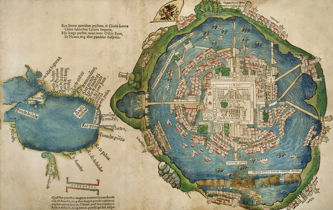 Carte de Tenochtitlan et du golfe du Mexique, de Praeclara Ferdinadi Cortesii de Nova maris Oceani Hyspania Narratio par Hernando Cortes (1485-1547) 1524 - Spanish School