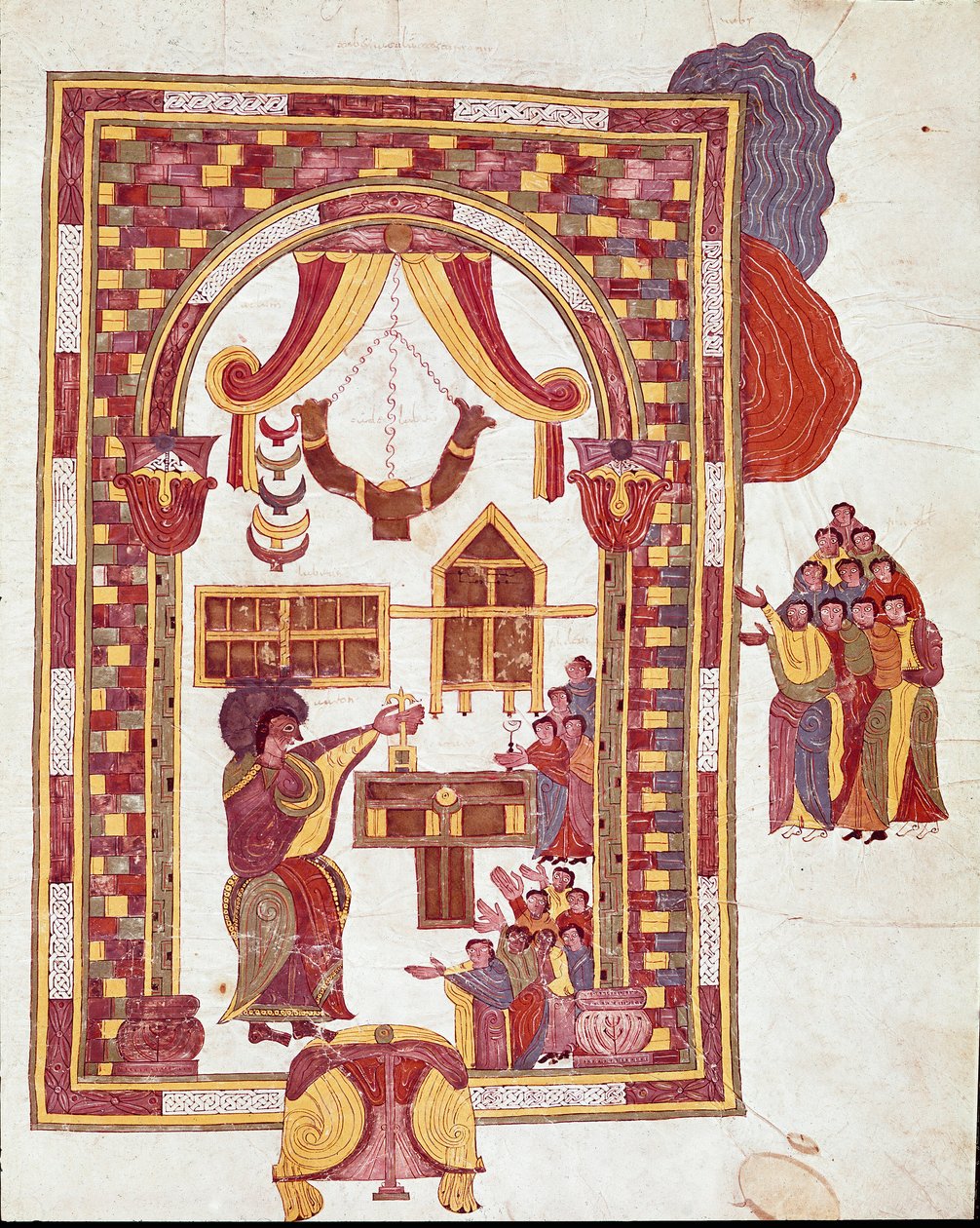 Art mozarabe : le temple de Jérusalem, Aaron est représenté comme un grand prêtre devant un autel - Spanish School