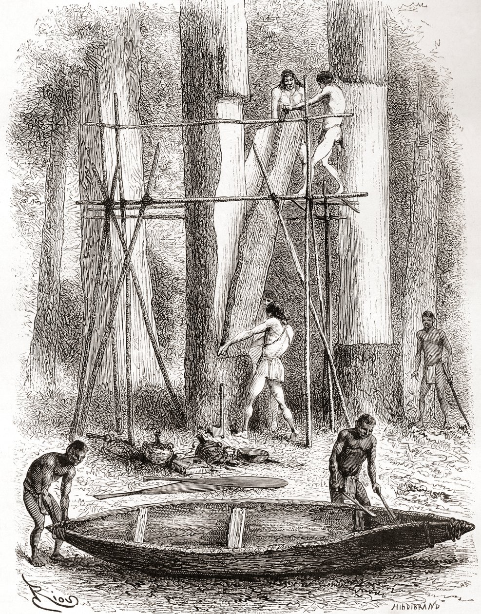 Indiens natifs construisant un canoë sur les rives de la rivière Oyapock ou Oiapoque, Amérique du Sud (gravure) - Spanish School