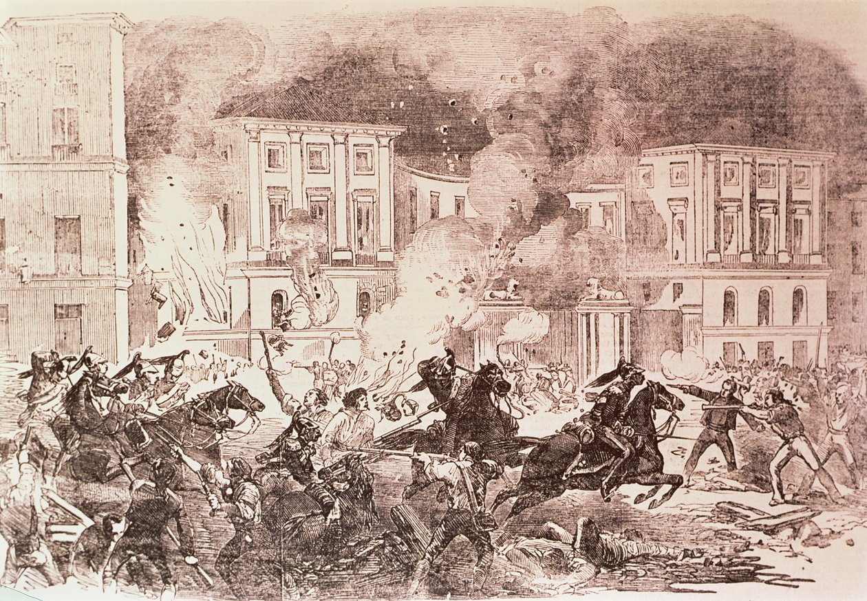 Soulèvements populistes à Madrid, les émeutiers tentent de mettre le feu au palais de la reine Maria Christina en 1854 - Spanish School