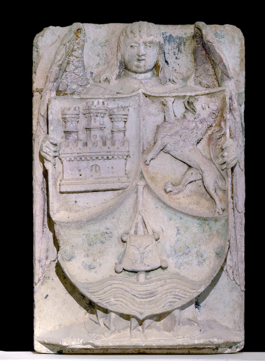 Écusson espagnol du 14ème siècle : armoiries de Castille et Léon, le bâton de pèlerin évoque Saint Jacques de Compostelle, conservé dans l