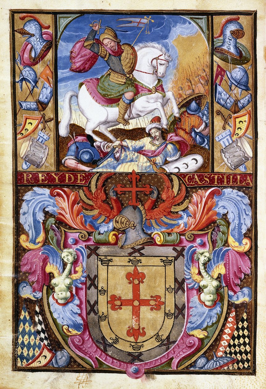 Saint Jacques sur un cheval blanc chevauchant sur les cadavres des Maures et les armoiries de la famille Gomez, 1606 - Spanish School