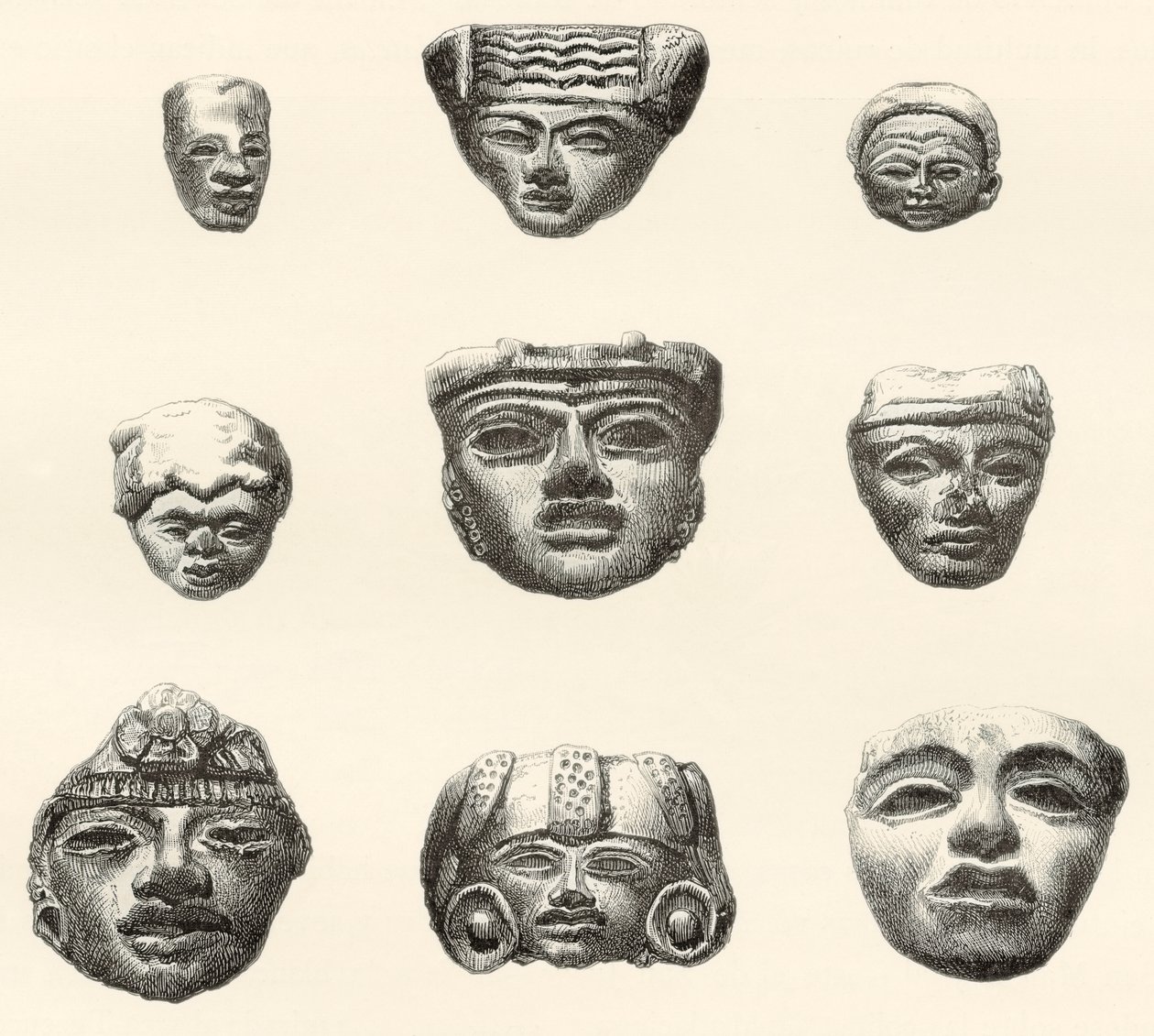 Têtes et masques en pierre trouvés à Teotihuacan, Mexique par Désiré Charnay lors de son expédition en 1880-1883 - Spanish School