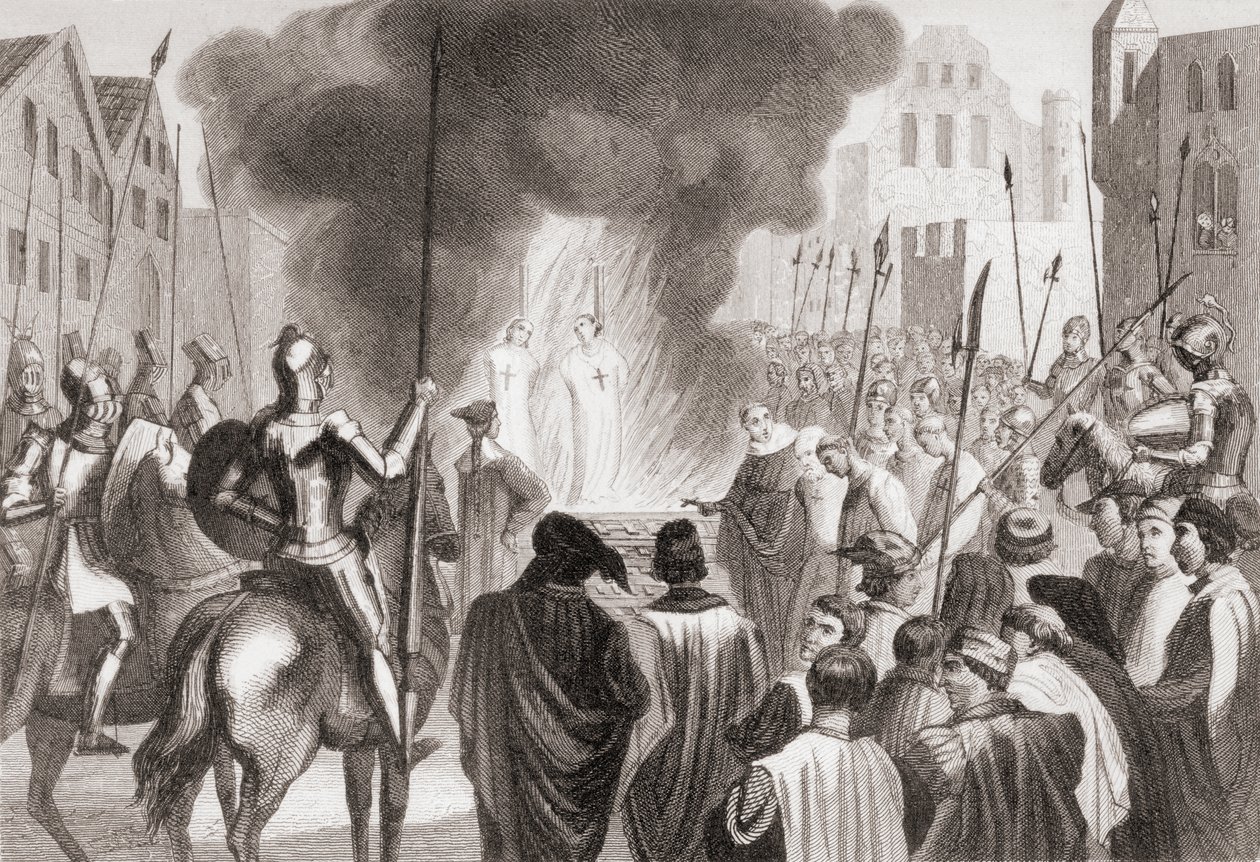Templiers brûlés sur le bûcher (litho) - Spanish School