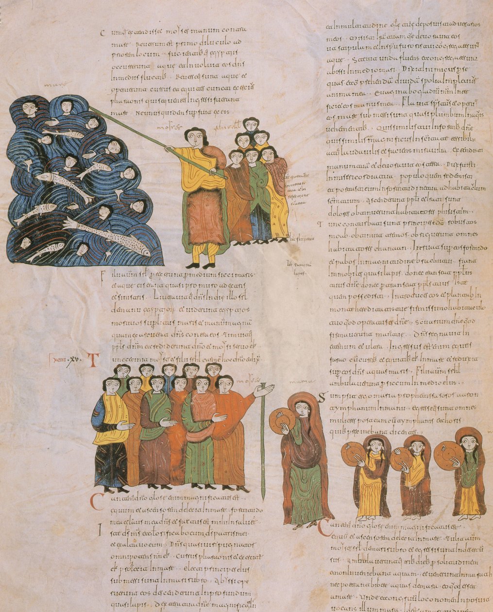 La Traversée de la Mer Rouge et la Danse des femmes hébraïques au son des tambourins de Moïse et de ses accompagnateurs, de la Bible wisigothique-mozarabe de Saint Isidore, fol.39., A.D. 960 - Spanish School