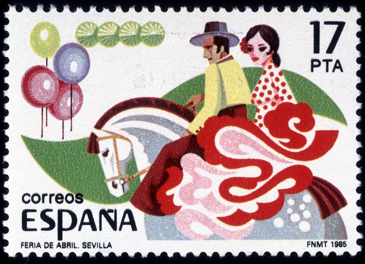 La Feria de Séville : couple en costume folklorique à cheval - Timbre espagnol - Spanish School
