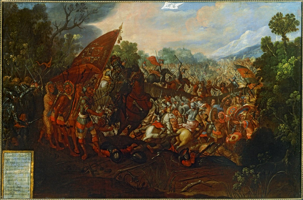 La conquête du Mexique (huile sur toile) - Spanish School