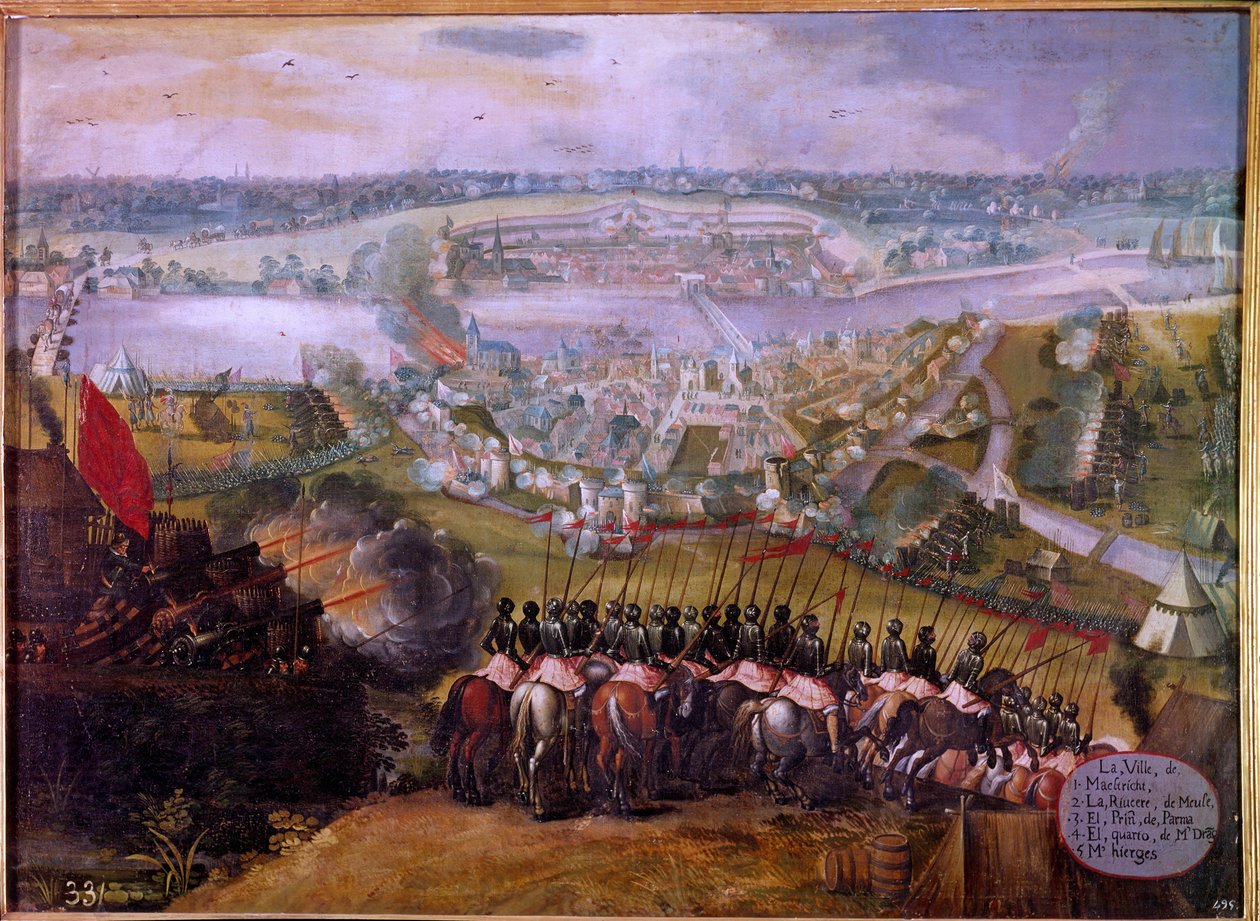 Le siège de Maestricht par les Espagnols en 1579. Gravure du XVIIe siècle. B.N. Paris - Spanish School