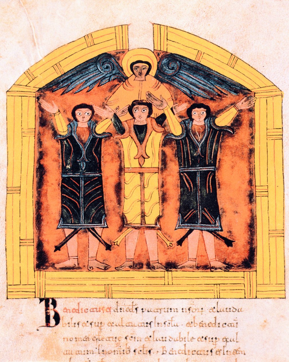 Les trois Hébreux, Shadrach, Meshach et Abed-Nego jetés dans la fournaise par Nabuchodonosor, fol.318v, de la Bible wisigothique-mozarabe de Saint-Isidore, A.D. 960 - Spanish School