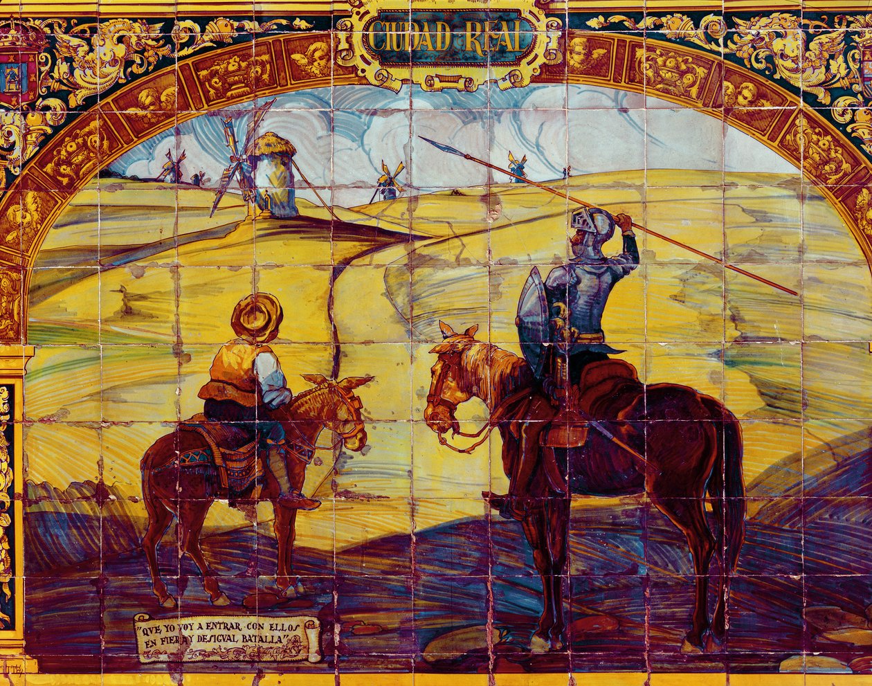 Carreaux représentant Don Quichotte et Sancho Panza se préparant à attaquer les moulins à vent - Spanish School