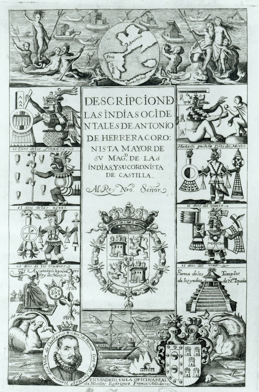 Page de titre de Descripcion de las Indias Ocidentales par Antonio de Herrera y Tordesillas, édition de Madrid, 1725 - Spanish School