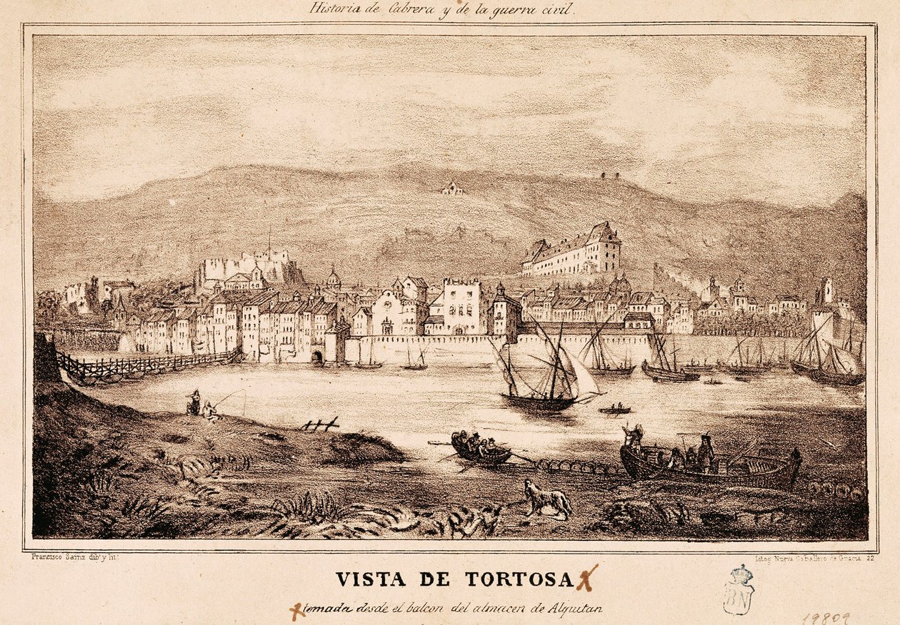 Vue de la ville de Tortosa en Espagne, dans "Historia de Cabrera y de la Guerra Civil" par Damaso Calbo y Rochina de Castro - Spanish School