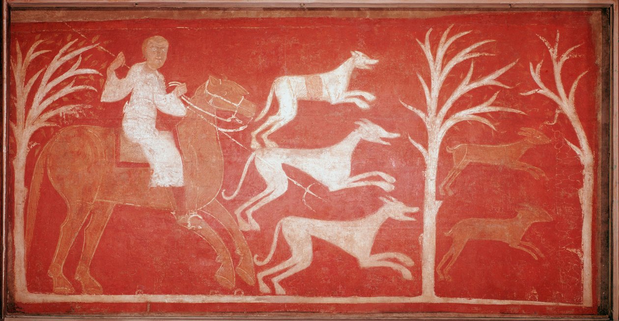 Scène de chasse représentant des chiens courant après du gibier. 1150. Fresque de l