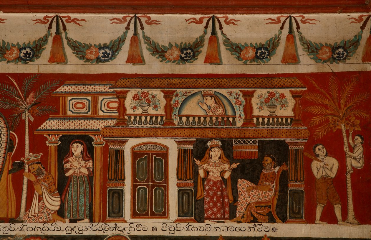 Peinture murale représentant une maison singhalaise dans le temple Subdharama, Dehiwala - Sri Lankan School