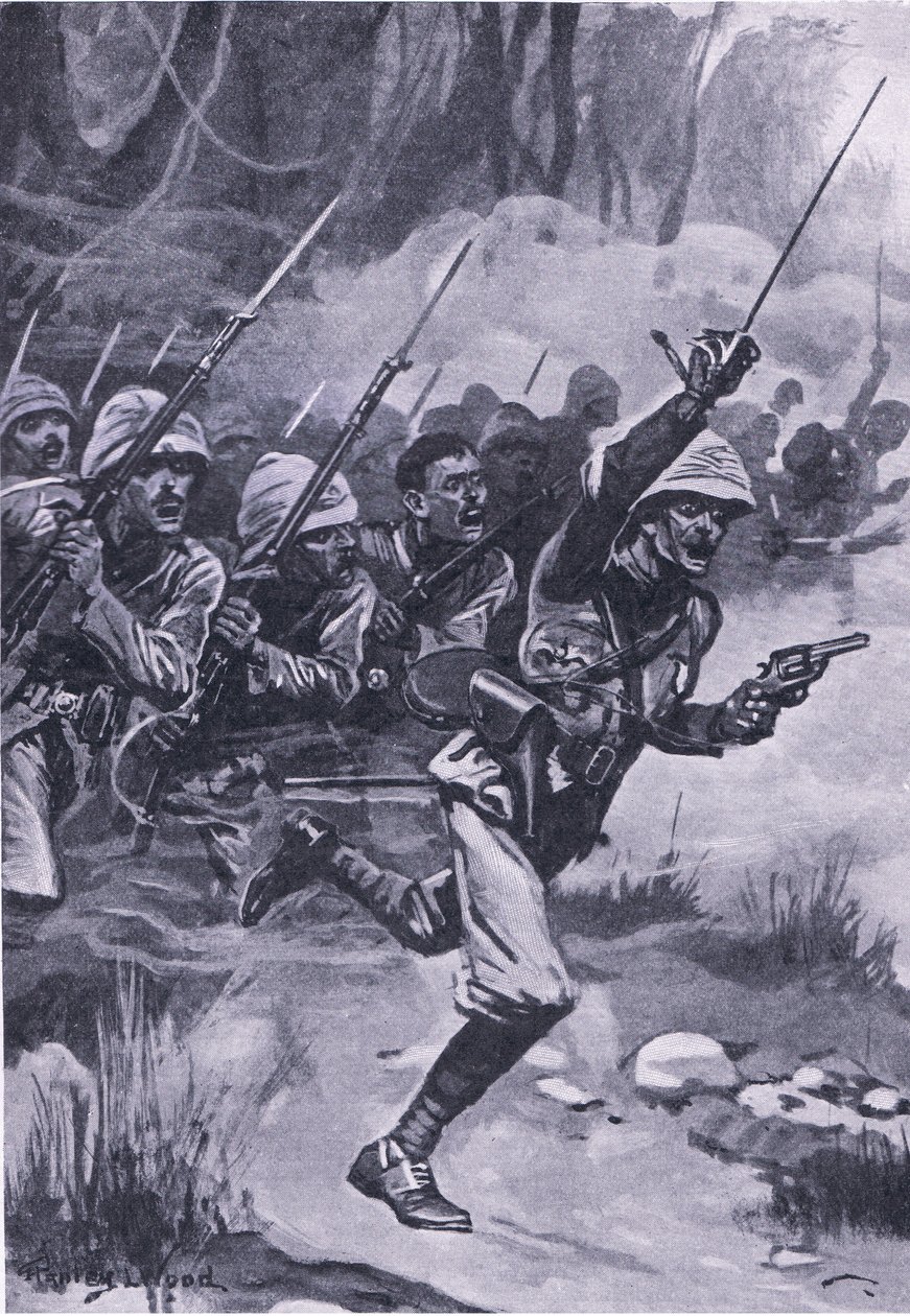 Charge britannique contre les Ashantis à Amoaful, 31 janvier 1874, illustration de British Battles on Land and Sea, 1915 - Stanley L. Wood