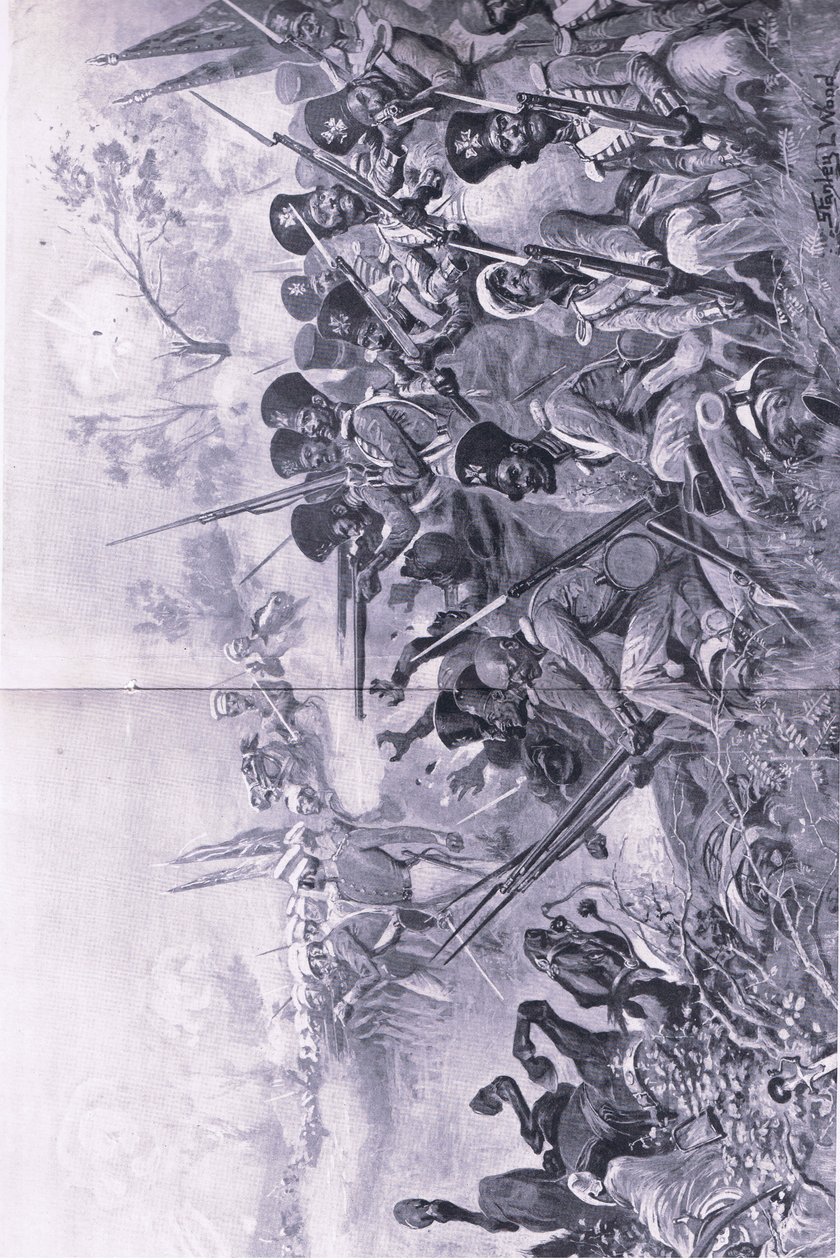 Chilianwala, 13 janvier 1849 : La brigade de Goddy faisant une résistance courageuse entourée par les Sikhs, illustration de British Battles on Land and Sea, 1915 - Stanley L. Wood