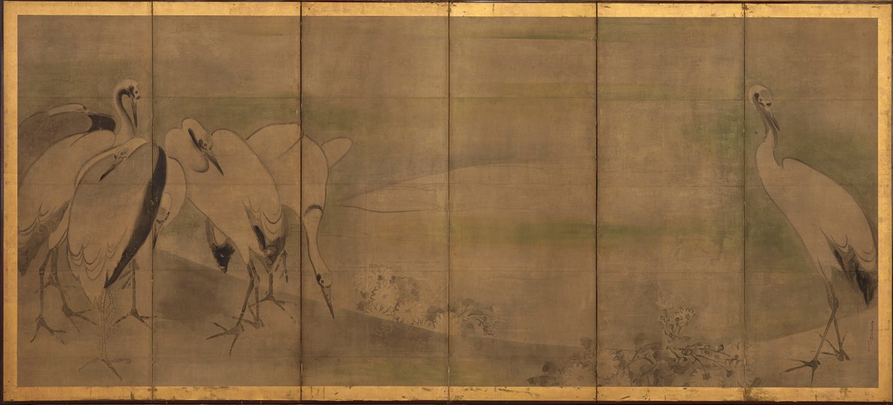 Grues et chrysanthèmes, période Momoyama ou Edo, 1568-1868 - Sôtatsu